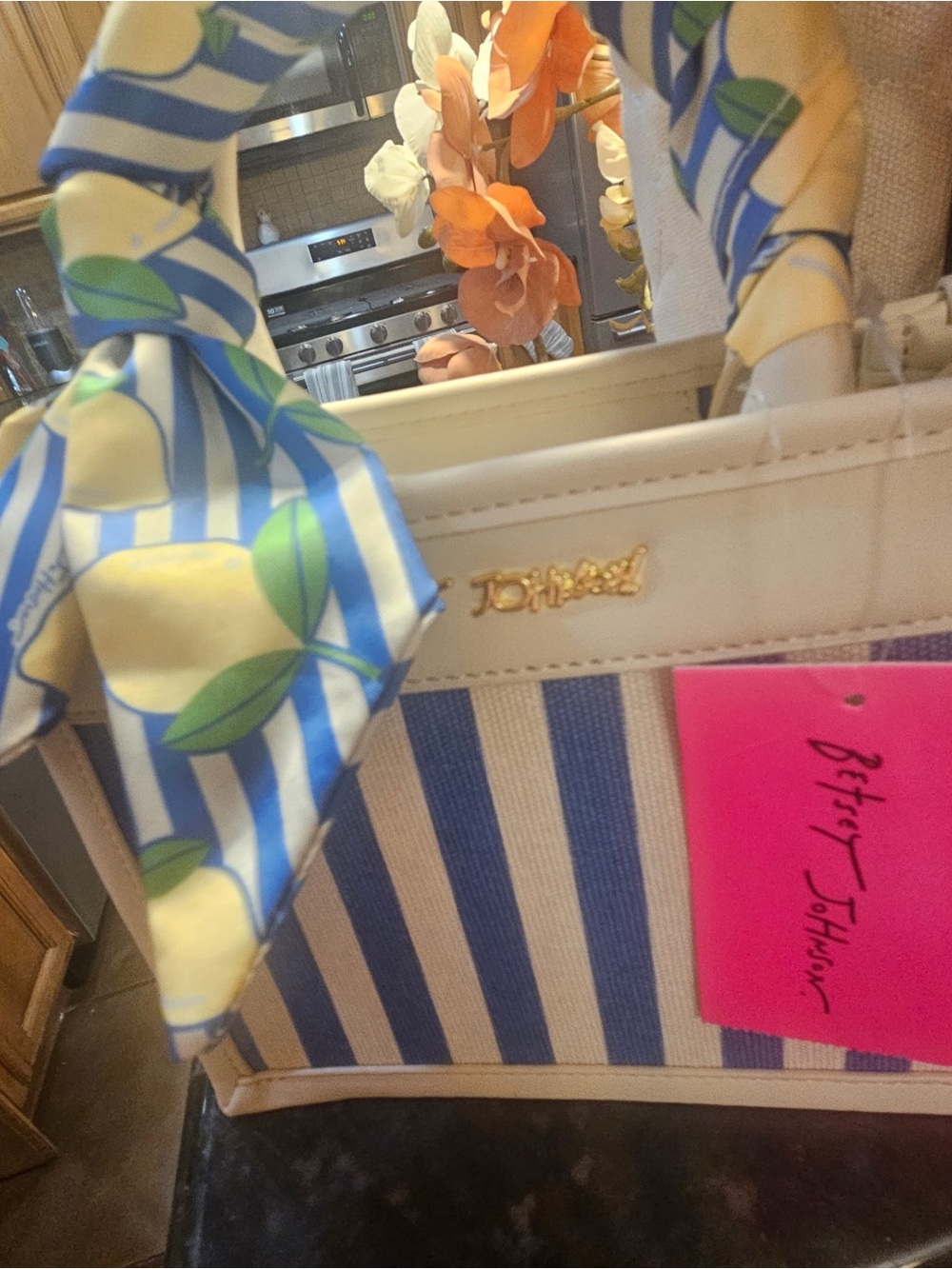 Betsey Johnson Blue and and Leon White Striped Tote with Lemon Scarf Accent